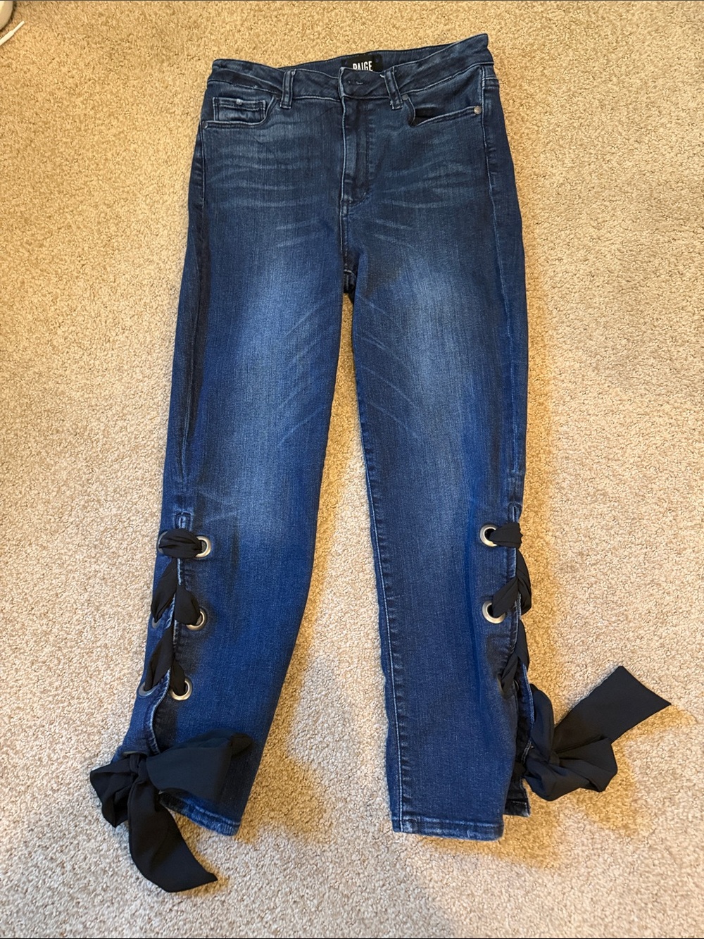PAIGE Dark Wash Ankle Jeans with Black Ribbon Side Lacing